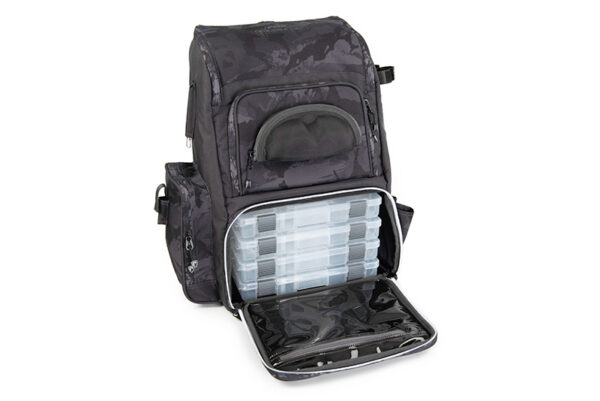 nlu088_rage_voyager_camo_rucksack_open_showing_tackle_boxes FOX RAGE VOYAGER CAMO EDITION